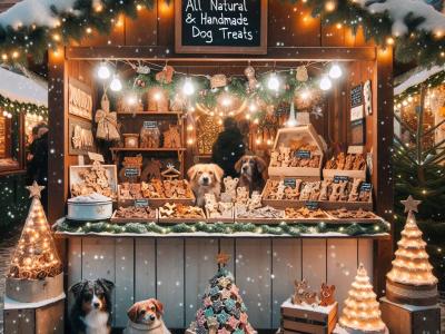 A cozy winter market chalet decorated with fairy lights and festive garlands, showcasing a charming display of handmade dog treats.