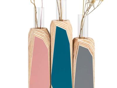three wooden vases