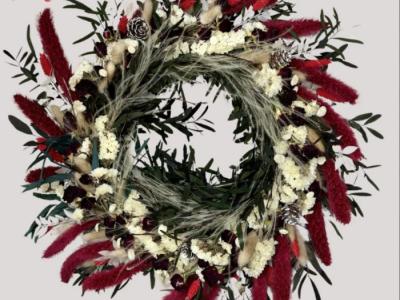 Wreath with red and cream accents