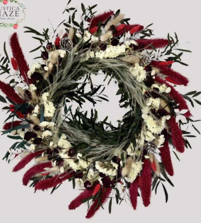 Wreath with red and cream accents