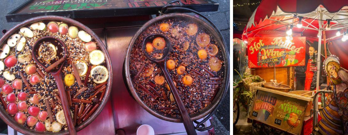 Left Image: two barrels of mulled beverage. Right image: Chou chou nuts chalet with someone serving mulled wine
