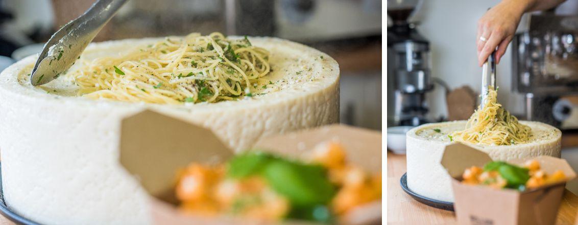 Spaghetti in a wheel of cheese