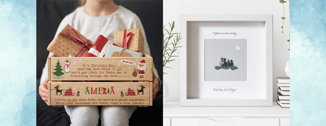 Girl holding Christmas gift box and framed family gift