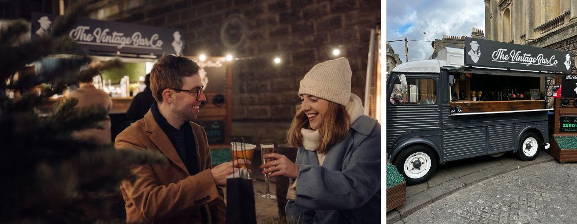 Left: A couple sat enjoying a drink with the Vintage bar in the background. Right: The vintage bar in the daylight