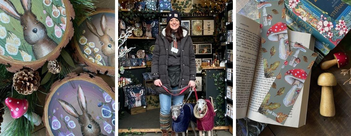 Collage of handmade Christmas cards, with the stall owner at chalet smiling with two greyhounds